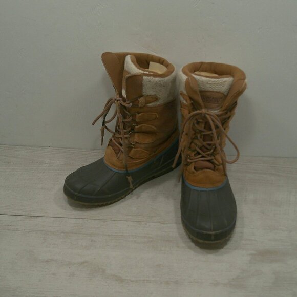 Khombu Cozy Top Sweater Knit Lined Tan Suede Waterproof Winter Snow Boots Size 7 - Picture 2 of 15